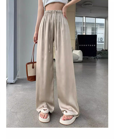 S4C Women's Pants FALL Thin High Waist Leisure Sunscreen Ice Silk Satin Wide Leg Straight Trousers