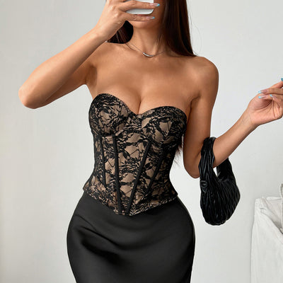 Seductive Lace Unique Design Tube Top Waist-Cinching Backless Ins Top