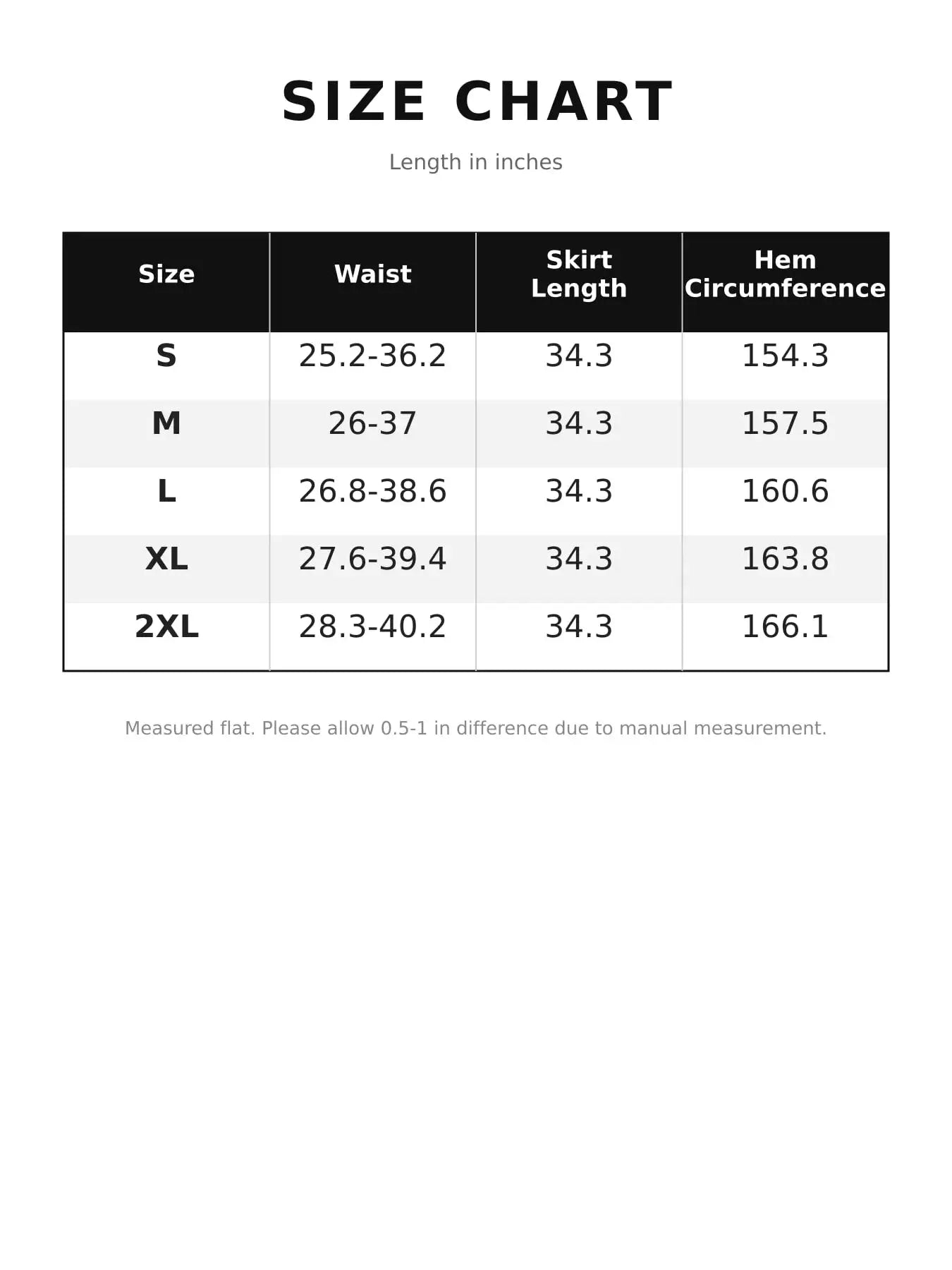 Size chart for High-Waisted Metallic Pleated Maxi Skirt with waist, length, and hem circumference measurements.