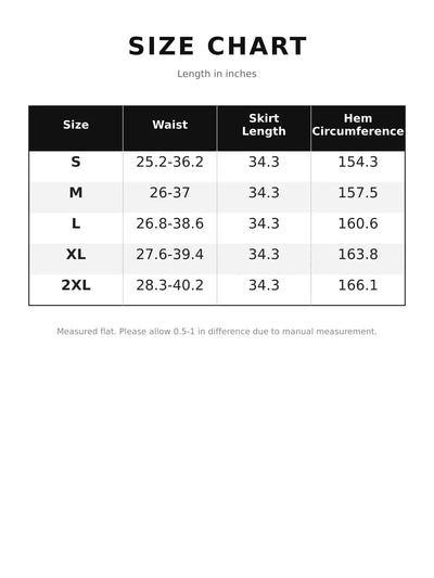 Size chart for High-Waisted Metallic Pleated Maxi Skirt with waist, length, and hem circumference measurements.