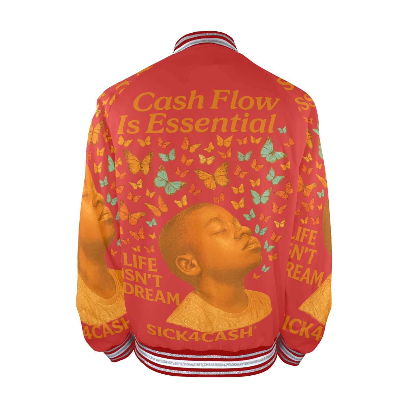 New Sick4Cash Men's Cash Flow Bomber Jacket featuring colorful graphic design and striped trim.