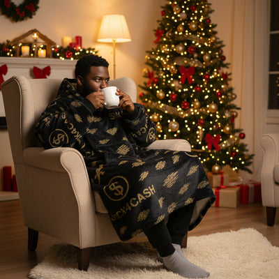 Black jacket with gold logos and text on a white background