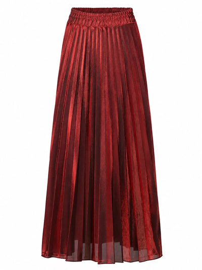 High-Waisted Metallic Pleated Maxi Skirt in red with pleated design and elastic waistband for a stylish look.