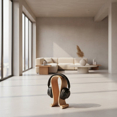 Headphones on a stand in a modern living room