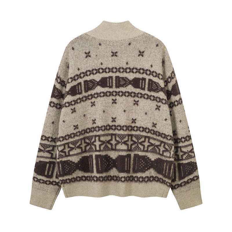 Horn Button Jacquard Knit Cardigan Sweeater