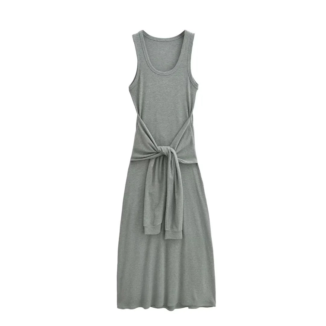 Women Cinched Waist Sleeveless Vest Dress – Layered Illusion, Sculpted Elegance