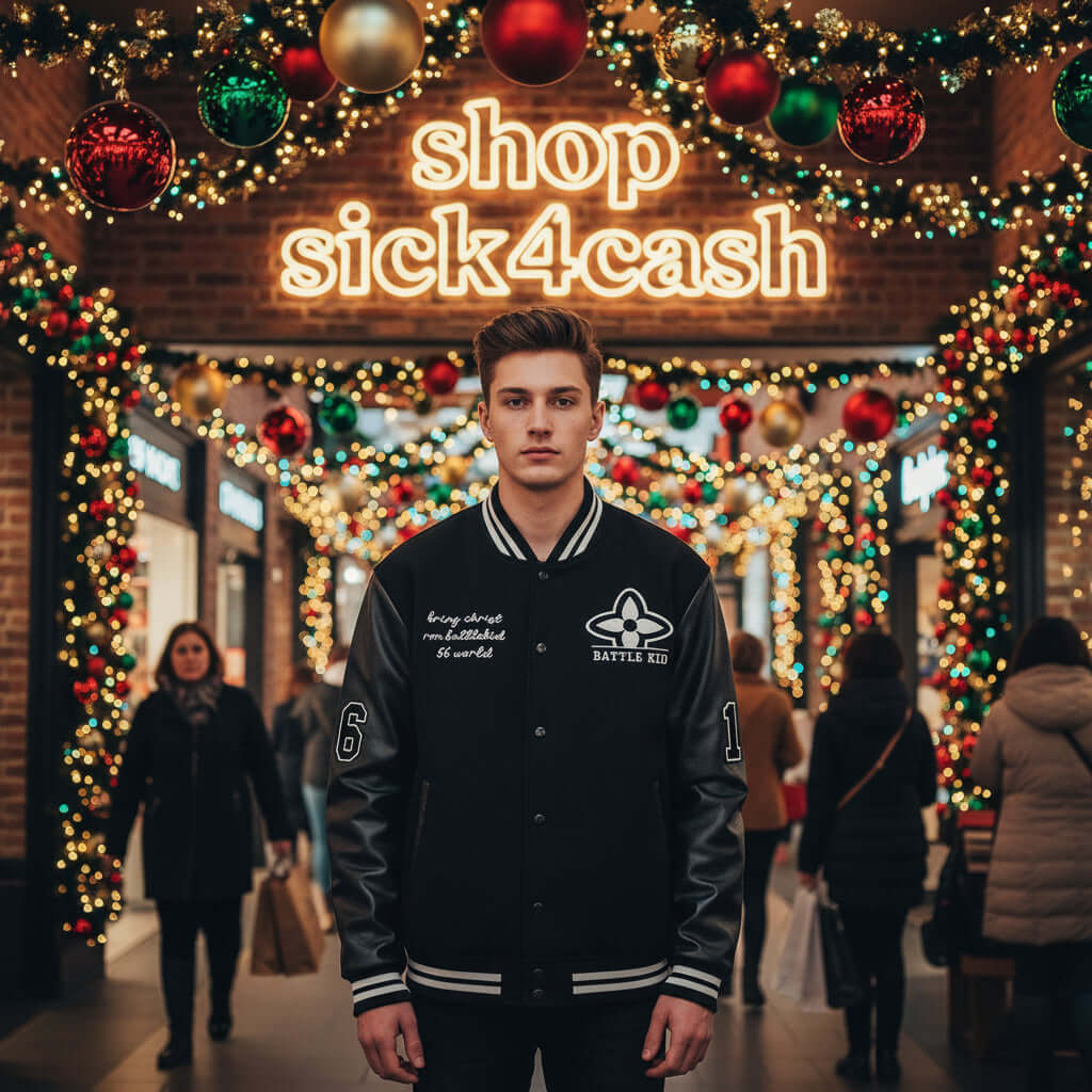 SICK4CASH Embroidered patchwork jacket baseball jacket displayed in a festive shopping environment with holiday decor.