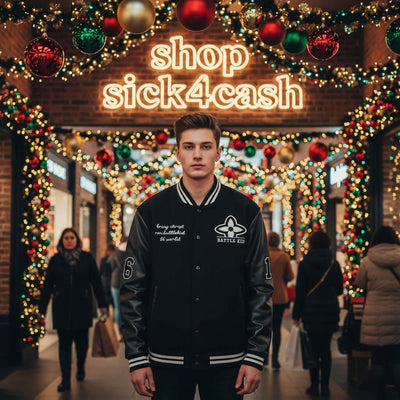SICK4CASH Embroidered patchwork jacket baseball jacket displayed in a festive shopping environment with holiday decor.