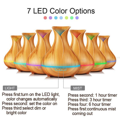 S4C Aroma Essential Oil Diffuser Ultrasonic Air Humidifier with Wood Grain 7 Color Changing LED Lights for Office Home 400ml
