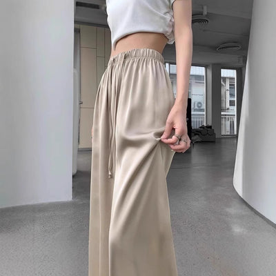 S4C Women's Pants FALL Thin High Waist Leisure Sunscreen Ice Silk Satin Wide Leg Straight Trousers