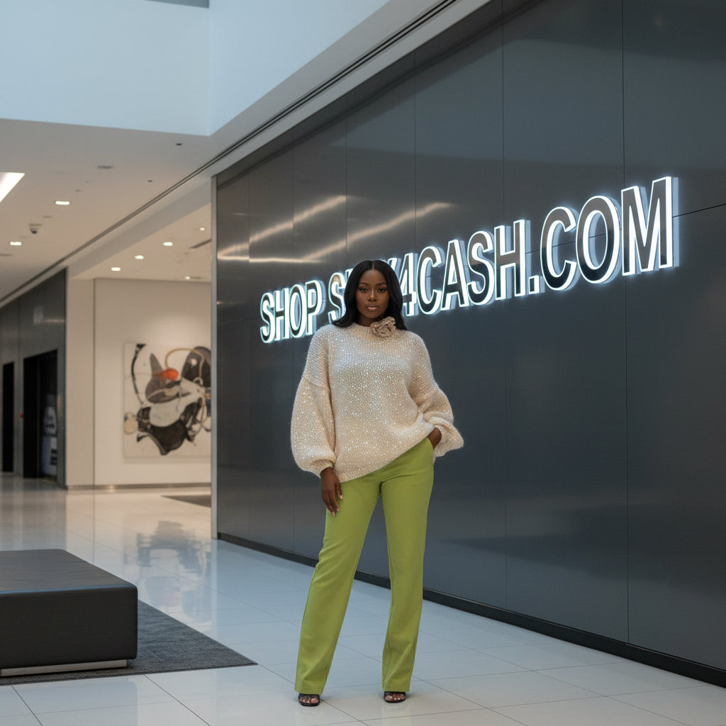 Woman standing in front of a store with a neon sign displaying 'SHOP SHACASH.COM'.