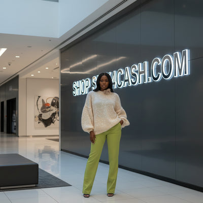 Woman standing in front of a store with a neon sign displaying 'SHOP SHACASH.COM'.