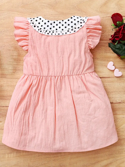 Children's Bow Peter Pan Collar Ruffle Sleeve Dress in pink with polka dot collar and ruffled sleeves.