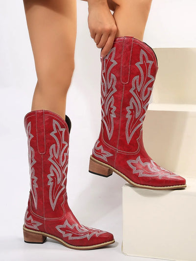 S4C PU Leather Embroidered Geometric Point Toe Boots