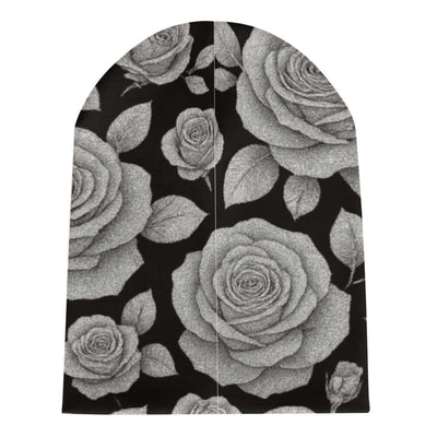SICK4CASH Rose Full-Print Knitted Beanie featuring a black background with intricate rose designs.