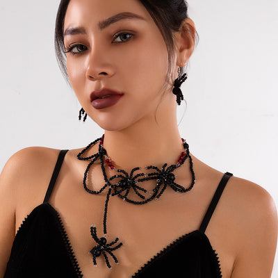 Dark style crystal woven spider necklace Halloween tassel large round bead collarbone chain