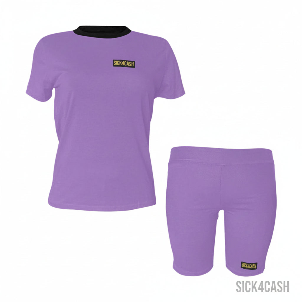 Women's Short Yoga Set - Sports Bra & Shorts Activewear in purple with t-shirt and shorts.