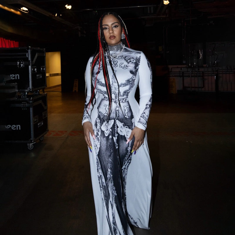 Women's High Neck Long Sleeve Black Printed Halloween Dress Long Length