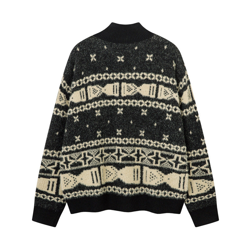 Horn Button Jacquard Knit Cardigan Sweeater