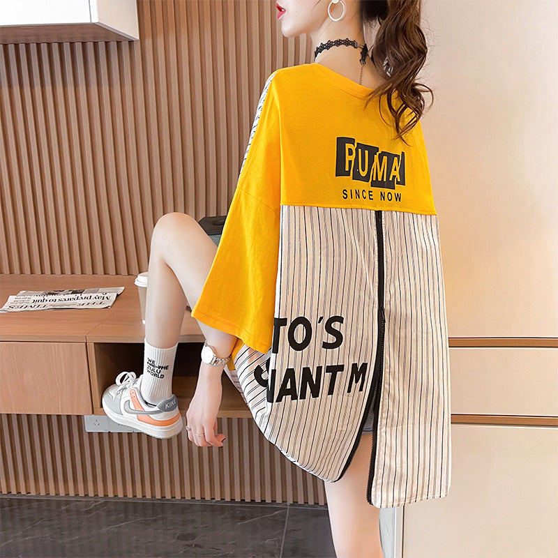 Women’s Zipper Stitch T-Shirt – Loose Fit Short Sleeve Streetwear Top