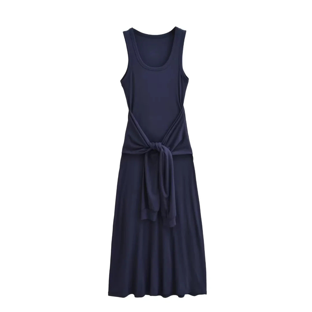 Women Cinched Waist Sleeveless Vest Dress – Layered Illusion, Sculpted Elegance