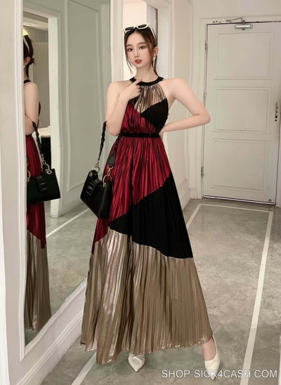 Pleated Halter Sleeveless Long Party Dress