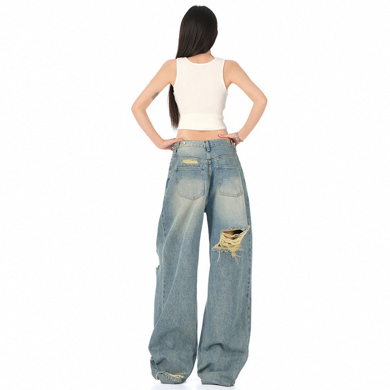 S4C Women’s Blue Distressed Straight Jeans – High Waist, Loose Wide Leg Streetwear Fit