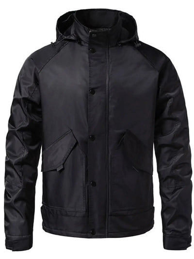Men's Waterproof Windbreaker Hooded Tactical Jacket in black with button and zip fastening, featuring pockets.