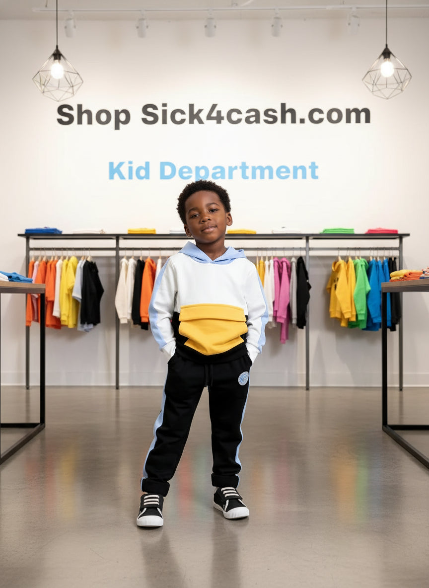 Children's outfit with a white and blue hoodie, black pants, and yellow pocket on a gray background.