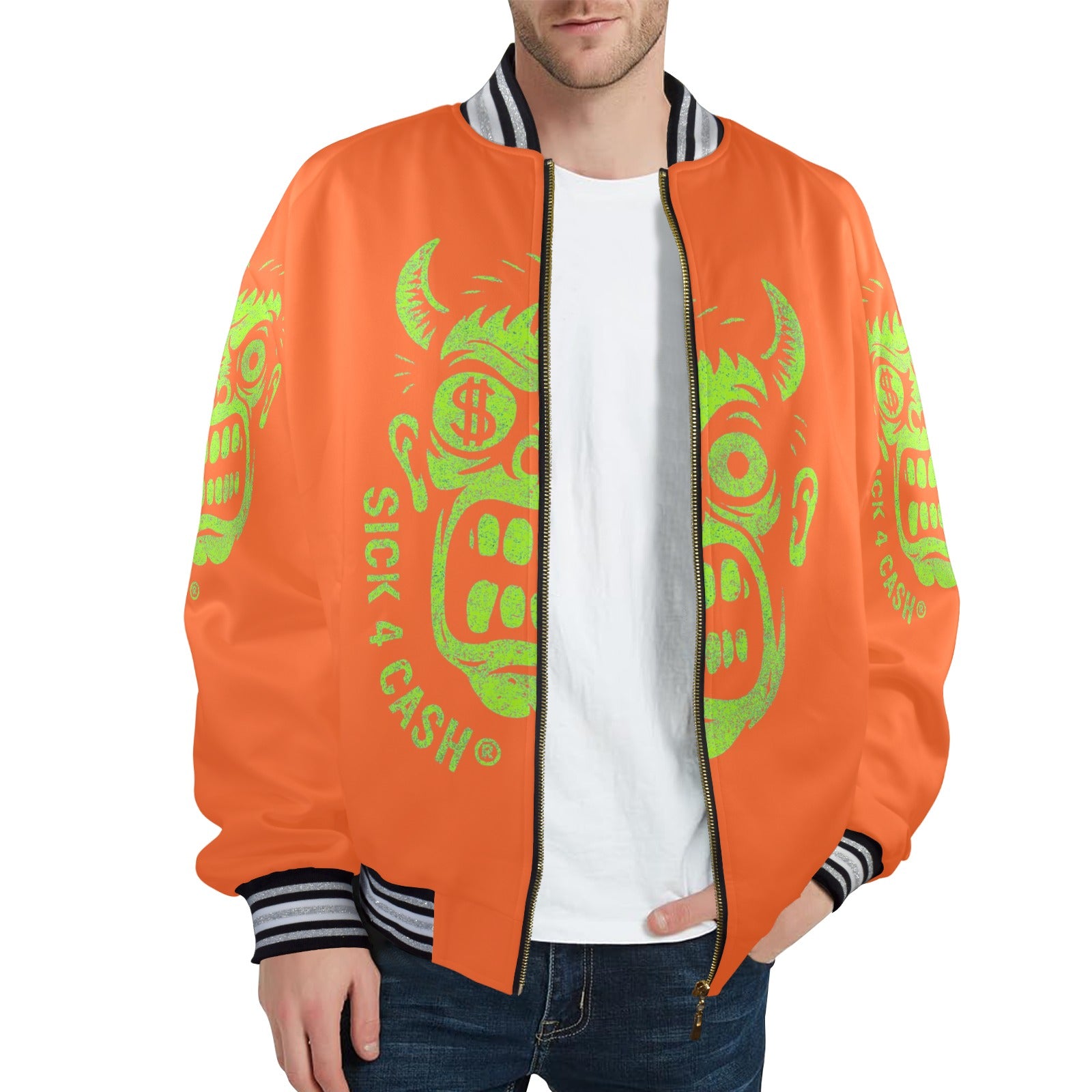 S4C CASH FACE™ Unisex Striped Trim Bomber Jacket – Halloween Edition