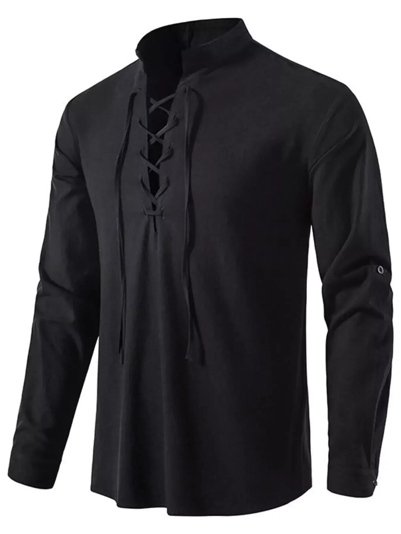 Black long-sleeve shirt with lace-up front on a white background