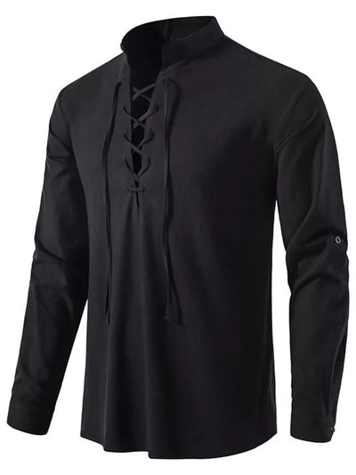 Black long-sleeve shirt with lace-up front on a white background