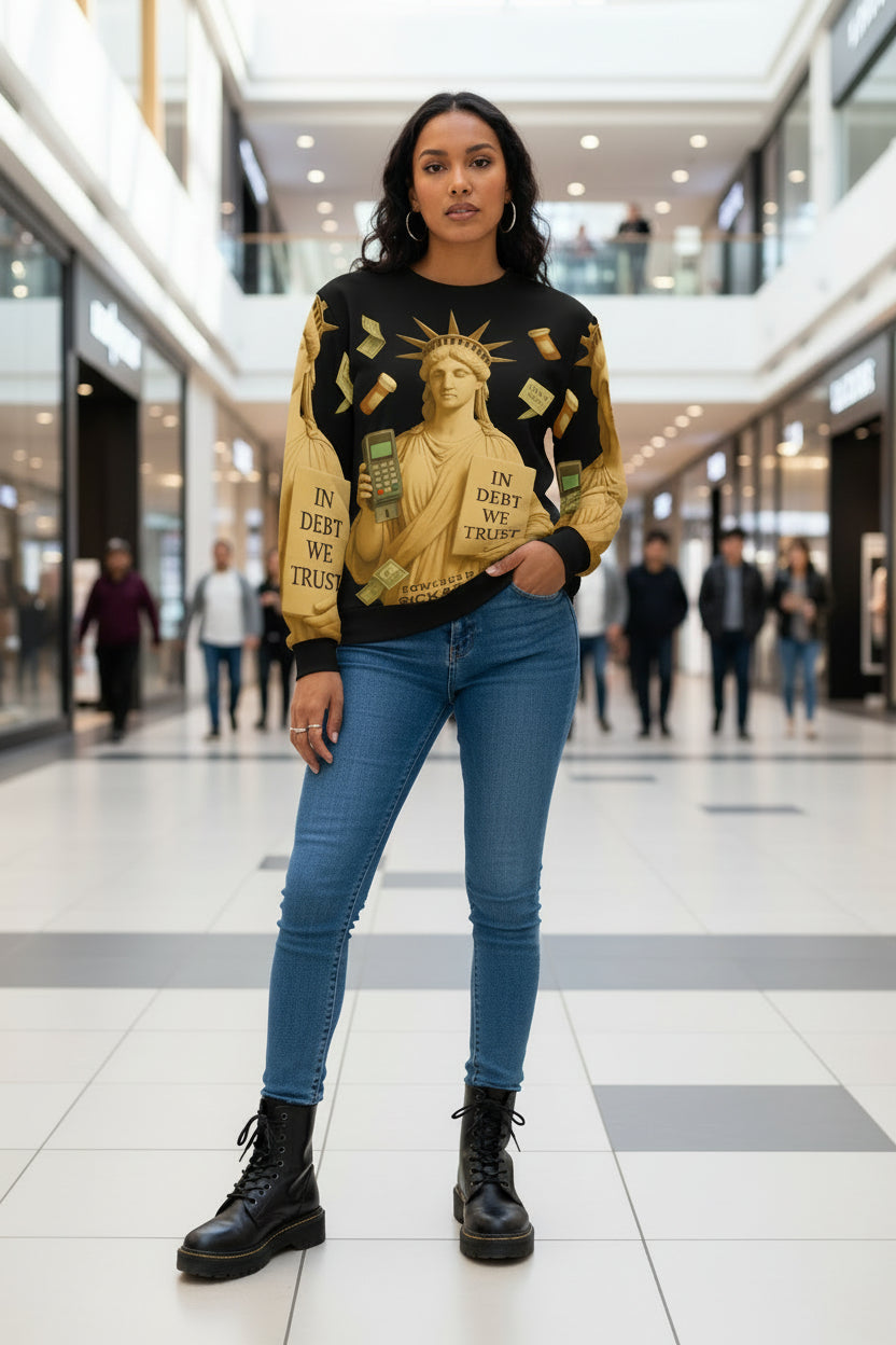 Sweatshirt with Statue of Liberty design and text 'In Debt We Trust' on a white background