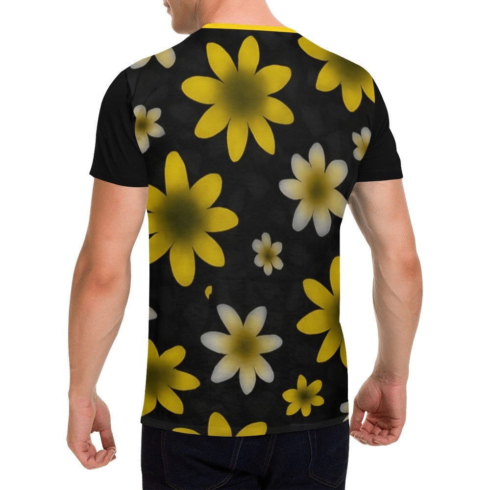 Black t-shirt with yellow floral pattern on a white background