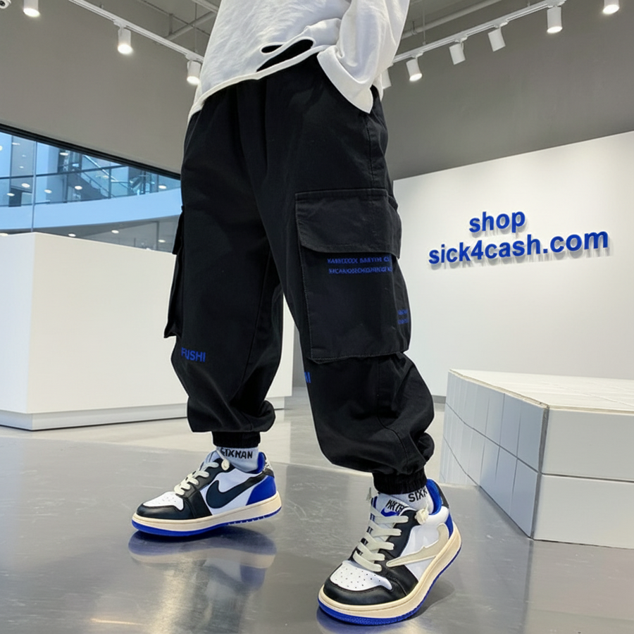 Black cargo jeans with blue