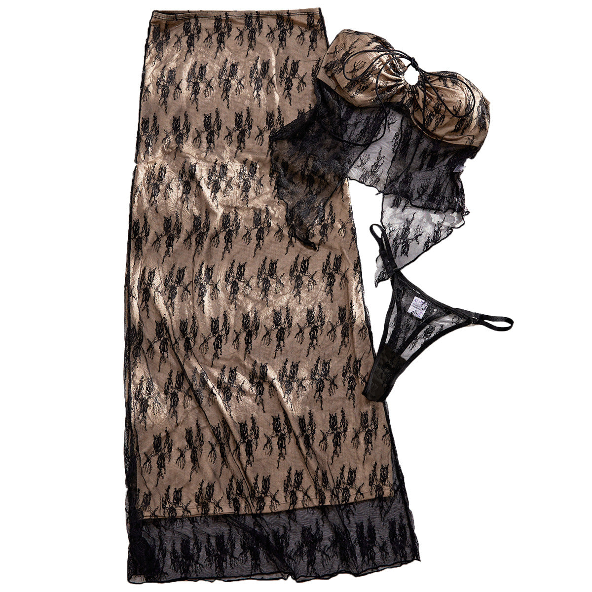 S4C Lace Embroidery 3-Piece Set – Strapless Tie Top & Floor-Length Skirt for Women