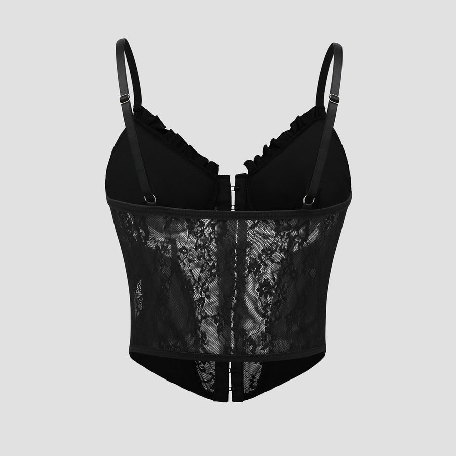 Lace Pleated Ruffled Buttoned Boned Crop Top
