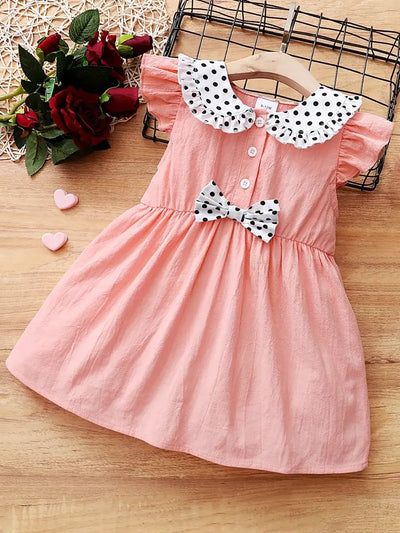 Children's Bow Peter Pan Collar Ruffle Sleeve Dress in coral with polka dot collar and bow, perfect for little girls.