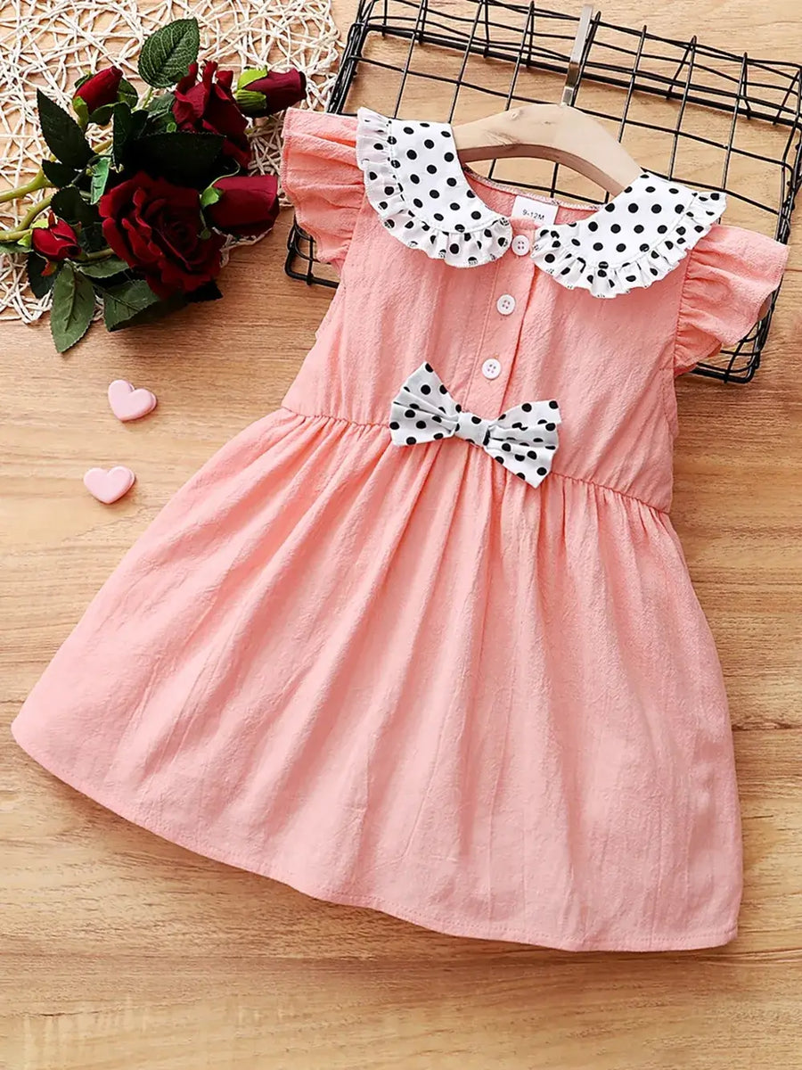 Children's Bow Peter Pan Collar Ruffle Sleeve Dress in coral with polka dot collar and bow, perfect for little girls.