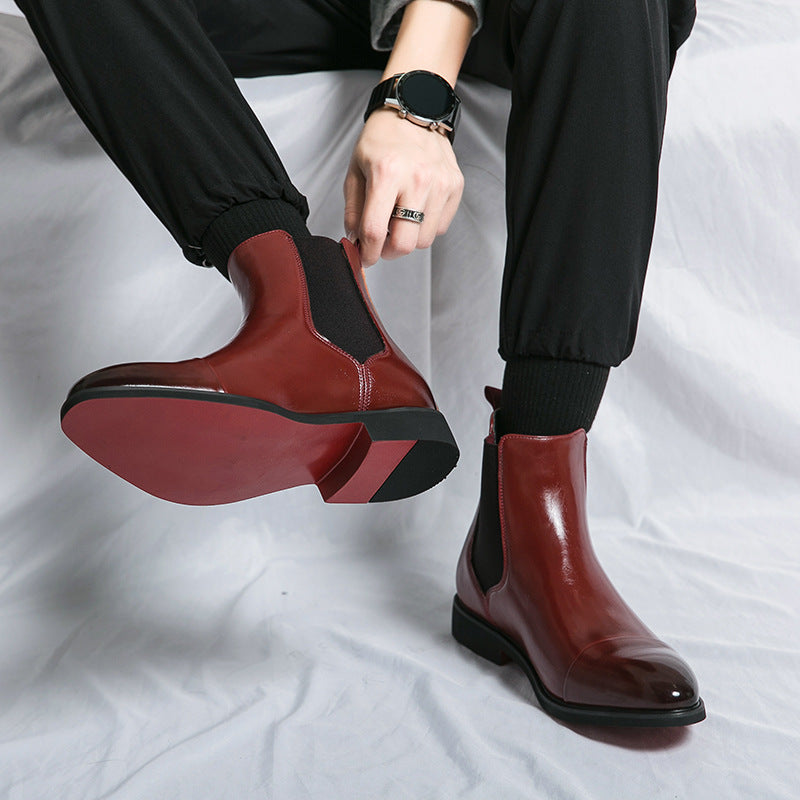 Pointed toe men's boots high top leather shoes red soles