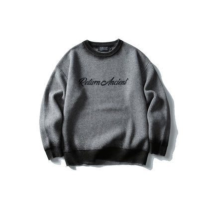 Trend Round Neck Knit Sweater Men Loose Casual Color Block Letter Sweater