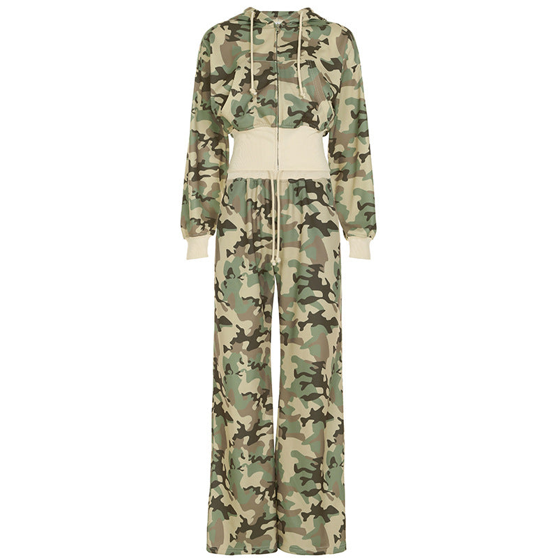 Street Camouflage Two-Piece Set – Hooded Crop Sweatshirt & Straight-Leg Sweatpants