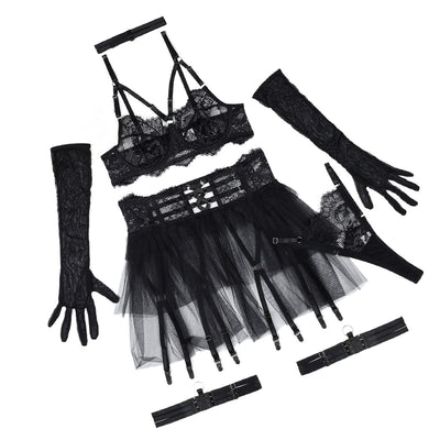 Sick 4 Cash Sexy lingerie lace see through mesh sexy fluffy skirt six piece set for women