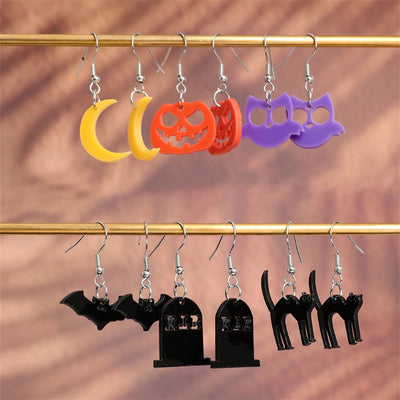 Halloween Series Geometric Ear Hooks Acrylic Bat Cat Owl Moon Pumpkin Earrings 6 Pairs