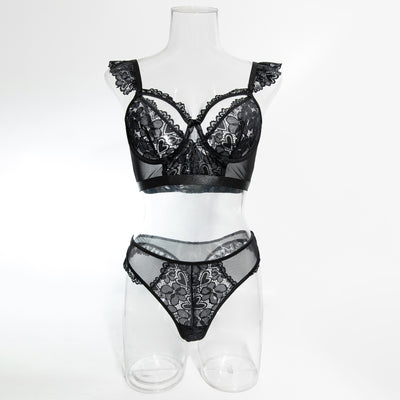 Lace Trim Bra Cup Hollow Out European and American Style Lingerie Two-Piece Set