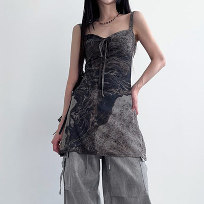 Post-Apocalyptic Dark Style Sand-Flowing Bowknot Mid-Length Strapless V-Neck Tied Backless Retro Dress