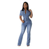 S4C European and American tight waist slim fit elastic stir fried flower washed denim jumpsuit jumpsuit flared pants