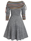 Women's Fall Winter Convertible Neck Cinched Striped Flare A-Line Dress – Long Sleeve Casual Vestidos