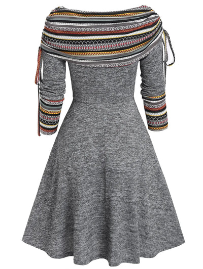 Women's Fall Winter Convertible Neck Cinched Striped Flare A-Line Dress – Long Sleeve Casual Vestidos