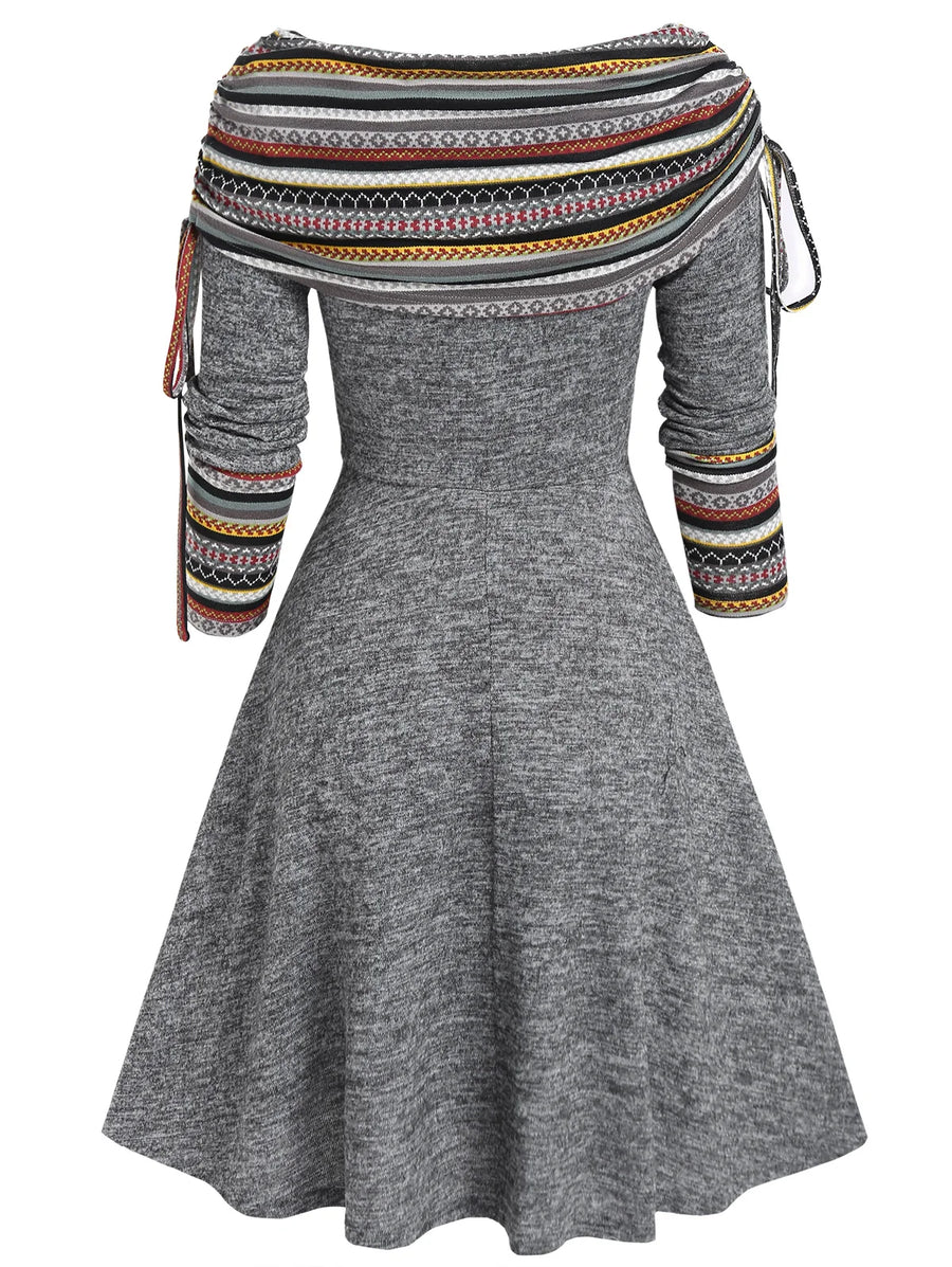 Women's Fall Winter Convertible Neck Cinched Striped Flare A-Line Dress – Long Sleeve Casual Vestidos